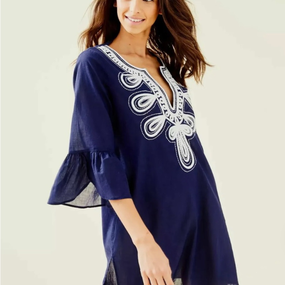 👙🏖️☀️Lilly Pulitzer NWT Size Small Navy Blue embroidered Piet Coverup Dress - Picture 2 of 9